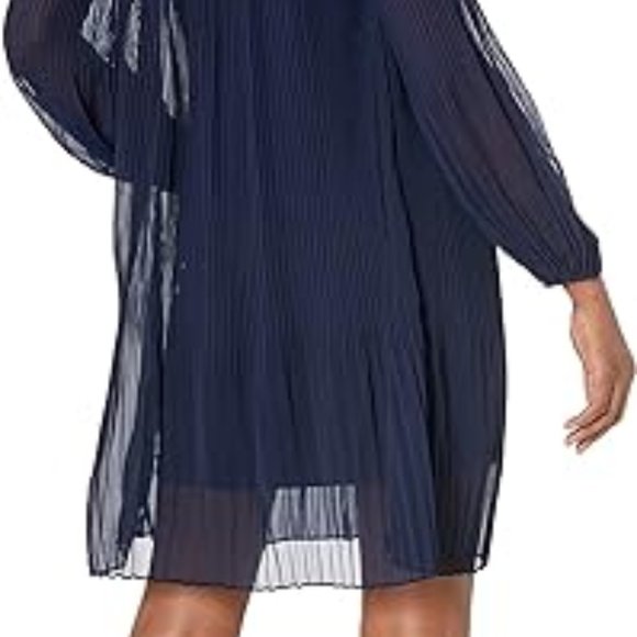 NWT! DKNY Long-Sleeve Tie-Neck Pleated Shift Dress Blue Georgette - 14W - Picture 4 of 13